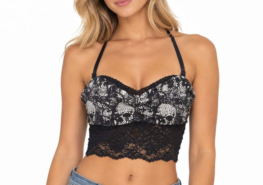 Black and White Skull Print Lace Halter Bralette Crop Top